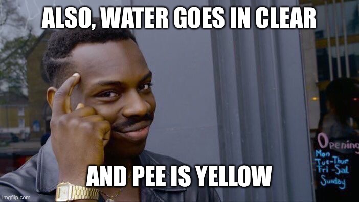 Roll Safe Think About It Meme | ALSO, WATER GOES IN CLEAR AND PEE IS YELLOW | image tagged in memes,roll safe think about it | made w/ Imgflip meme maker