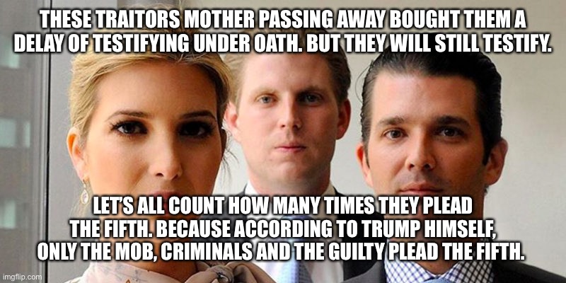 trumps kids |  THESE TRAITORS MOTHER PASSING AWAY BOUGHT THEM A DELAY OF TESTIFYING UNDER OATH. BUT THEY WILL STILL TESTIFY. LET’S ALL COUNT HOW MANY TIMES THEY PLEAD THE FIFTH. BECAUSE ACCORDING TO TRUMP HIMSELF, ONLY THE MOB, CRIMINALS AND THE GUILTY PLEAD THE FIFTH. | image tagged in trumps kids | made w/ Imgflip meme maker