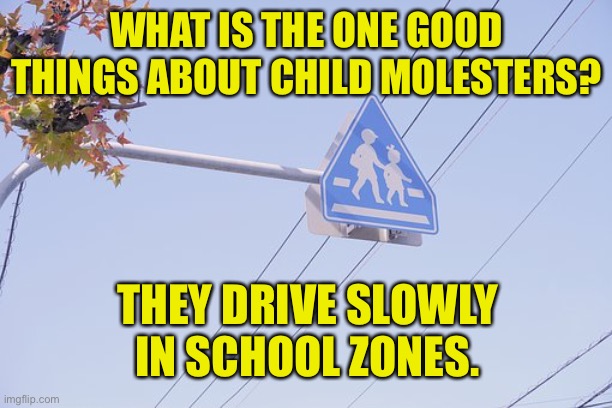 Sign Children Crossing | WHAT IS THE ONE GOOD THINGS ABOUT CHILD MOLESTERS? THEY DRIVE SLOWLY IN SCHOOL ZONES. | image tagged in sign - children,children,molesters,drive slowly,school zones,dark humour | made w/ Imgflip meme maker