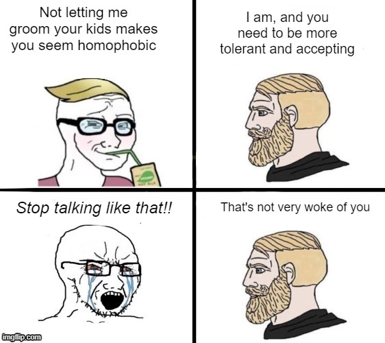 wE jUsT wAnT tHe SaMe RiGhTs As AnYbOdY! | I am, and you need to be more tolerant and accepting; Not letting me groom your kids makes you seem homophobic; Stop talking like that!! That's not very woke of you | made w/ Imgflip meme maker
