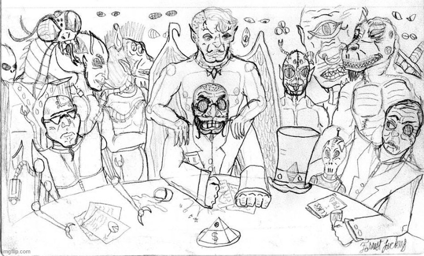"Cabal meeting"-College drawing of Conspiracy Theory inspired villains (wealthy elites, aliens, transhumans, nephilim, reptoids) | image tagged in reptilians,aliens,oligarchy,illuminati,new world order,angels | made w/ Imgflip meme maker