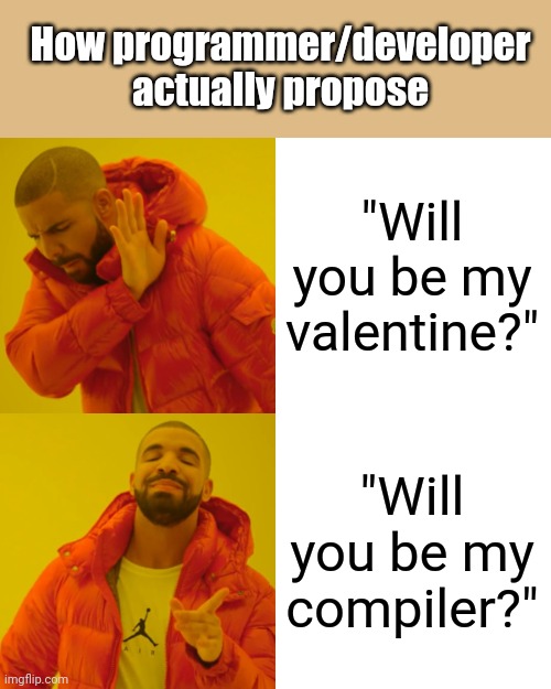 How coder actually propose | How programmer/developer actually propose; "Will you be my valentine?"; "Will you be my compiler?" | image tagged in memes,drake hotline bling | made w/ Imgflip meme maker