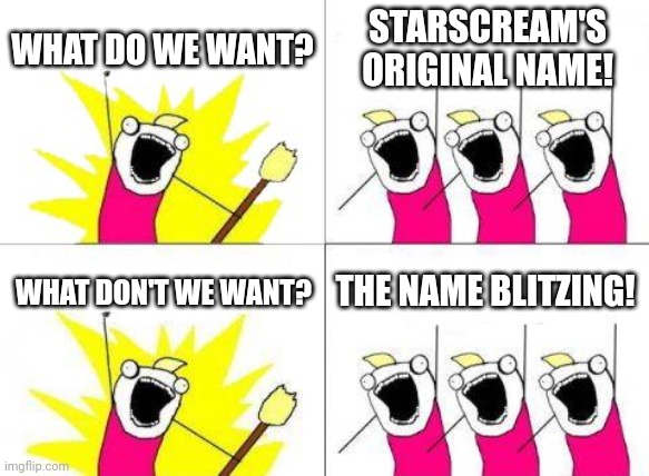What Do We Want Meme | WHAT DO WE WANT? STARSCREAM'S ORIGINAL NAME! WHAT DON'T WE WANT? THE NAME BLITZING! | image tagged in memes,what do we want | made w/ Imgflip meme maker