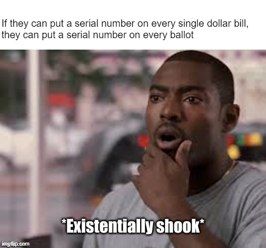Politicians: So your solution to cheating is to make it HARDER?! | If they can put a serial number on every single dollar bill, 
they can put a serial number on every ballot | made w/ Imgflip meme maker