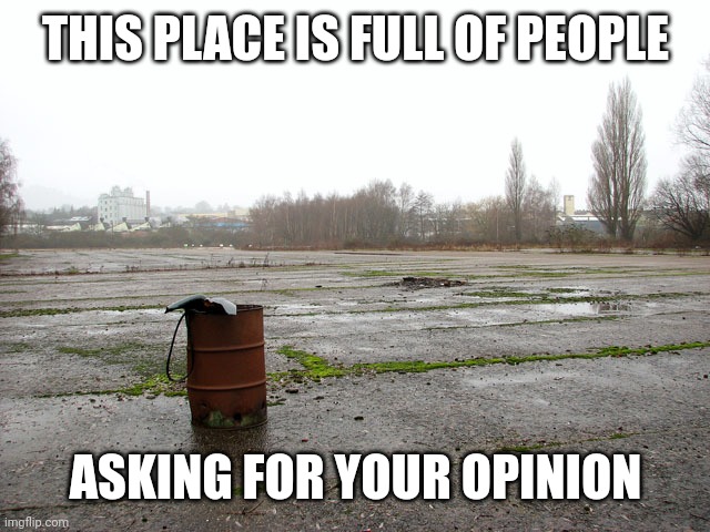 THIS PLACE IS FULL OF PEOPLE ASKING FOR YOUR OPINION | image tagged in everyone who asked | made w/ Imgflip meme maker