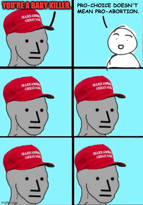 See what I did there? | PRO-CHOICE DOESN'T
MEAN PRO-ABORTION. YOU'RE A BABY KILLER. | image tagged in maga npc intellectual,memes,see what i did there,abortion,mind-boggling | made w/ Imgflip meme maker