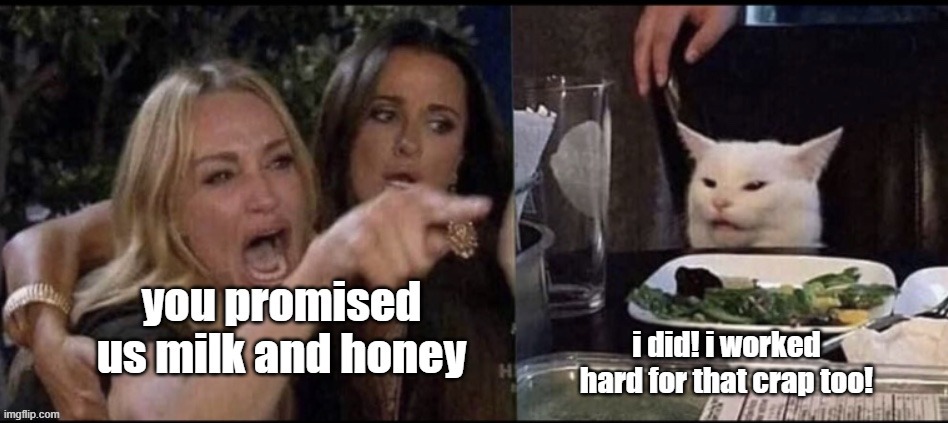 But You Promised Us Milk and Honey! I Did and I Worked Hard for it Too! | image tagged in milk and honey,bees,work hard and ye shall be rewarded,mmmm honey,pb and j | made w/ Imgflip meme maker