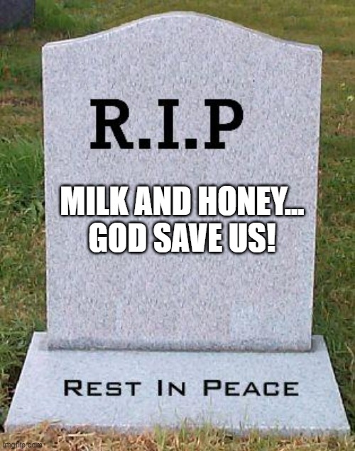 RIP headstone | MILK AND HONEY...

GOD SAVE US! | image tagged in rip headstone | made w/ Imgflip meme maker