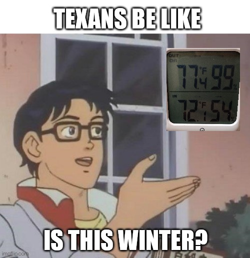 Texans confused by weather | TEXANS BE LIKE; IS THIS WINTER? | image tagged in memes,is this a pigeon | made w/ Imgflip meme maker