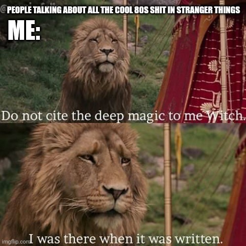 Narnia magic |  PEOPLE TALKING ABOUT ALL THE COOL 80S SHIT IN STRANGER THINGS; ME: | image tagged in narnia magic,stranger things,1980s,old | made w/ Imgflip meme maker