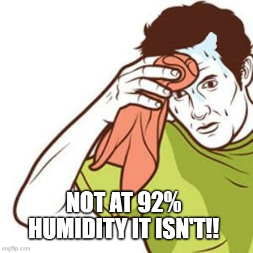 Sweating Towel Guy | NOT AT 92% HUMIDITY IT ISN'T!! | image tagged in sweating towel guy | made w/ Imgflip meme maker