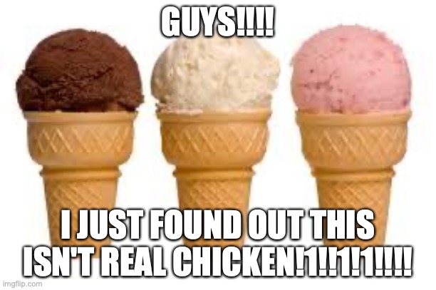 ice cream ≠ chicken??? | GUYS!!!! I JUST FOUND OUT THIS ISN'T REAL CHICKEN!1!!1!1!!!! | image tagged in ice cream cone | made w/ Imgflip meme maker