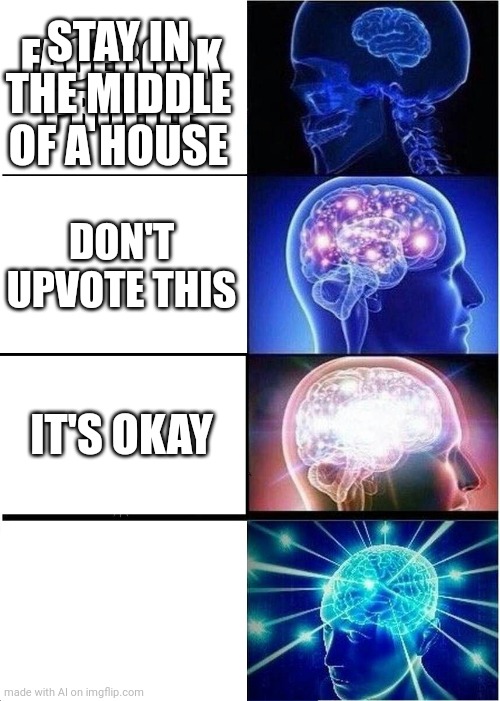 Expanding into oblivion | FACEBOOK PROFILE; STAY IN THE MIDDLE OF A HOUSE; DON'T UPVOTE THIS; IT'S OKAY | image tagged in memes,expanding brain | made w/ Imgflip meme maker