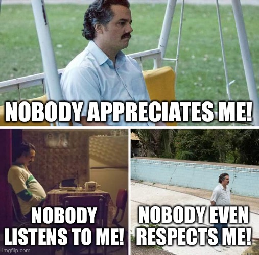 Nobody | NOBODY APPRECIATES ME! NOBODY LISTENS TO ME! NOBODY EVEN RESPECTS ME! | image tagged in memes,sad pablo escobar,respect,listening,appreciation | made w/ Imgflip meme maker
