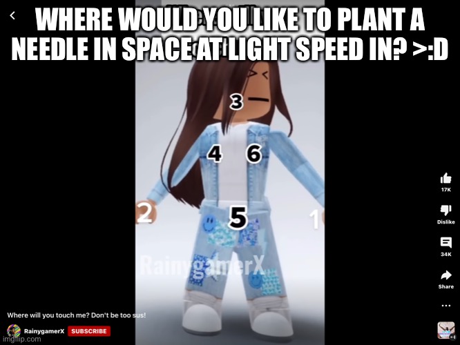 Where would you like to place needle | WHERE WOULD YOU LIKE TO PLANT A NEEDLE IN SPACE AT LIGHT SPEED IN? >:D | image tagged in roblox | made w/ Imgflip meme maker