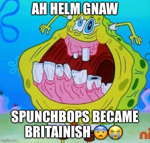 Nooooo | AH HELM GNAW; SPUNCHBOPS BECAME BRITAINISH 😨😭 | image tagged in spongebob face freeze,spungledork,spunglebops,spunchbops | made w/ Imgflip meme maker