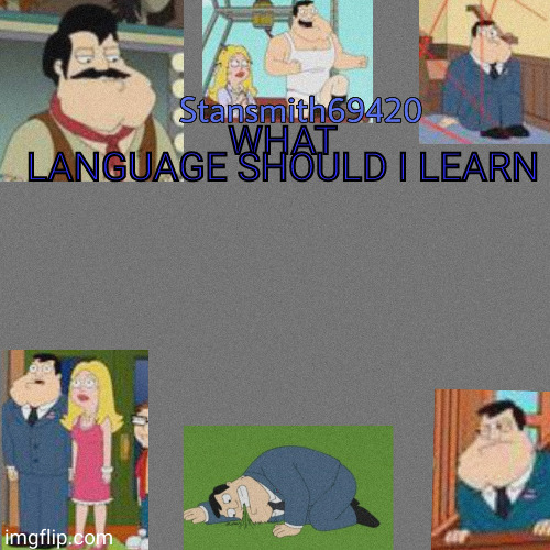 WHAT LANGUAGE SHOULD I LEARN | image tagged in stansmith69420 announcement temp | made w/ Imgflip meme maker