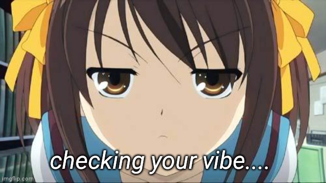 ! vibe check ! | checking your vibe.... | image tagged in haruhi stare | made w/ Imgflip meme maker