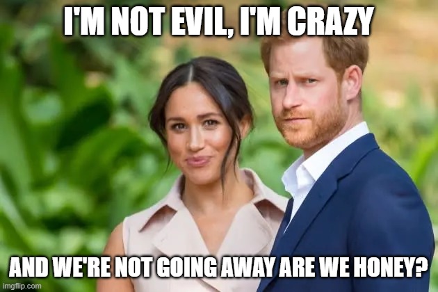 crazy witch | I'M NOT EVIL, I'M CRAZY; AND WE'RE NOT GOING AWAY ARE WE HONEY? | image tagged in meghan markle,crazy lady,evil | made w/ Imgflip meme maker
