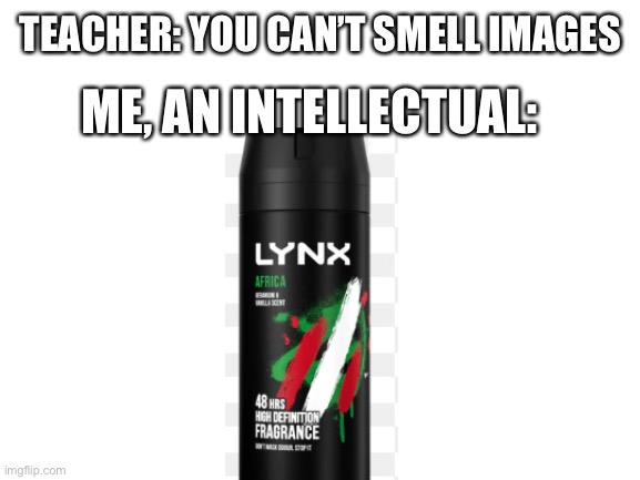 It is sooooooo strong | TEACHER: YOU CAN’T SMELL IMAGES; ME, AN INTELLECTUAL: | image tagged in blank white template | made w/ Imgflip meme maker