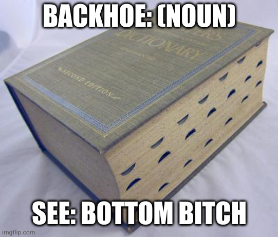 Dictionary | BACKHOE: (NOUN) SEE: BOTTOM BITCH | image tagged in dictionary | made w/ Imgflip meme maker