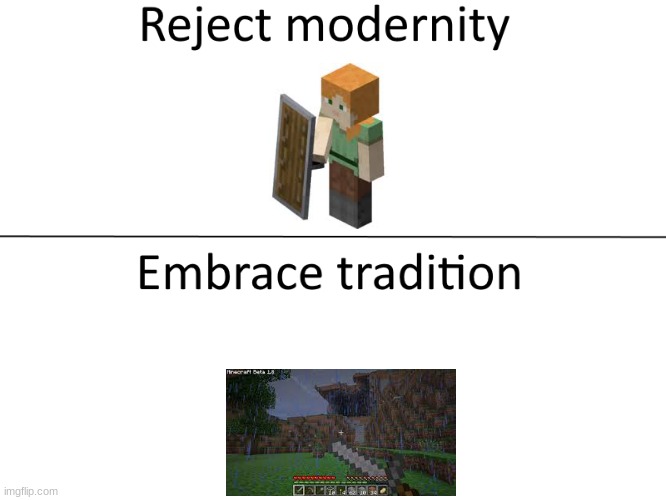 embrace it | image tagged in reject modernity embrace tradition,memes,minecraft,oh wow are you actually reading these tags | made w/ Imgflip meme maker