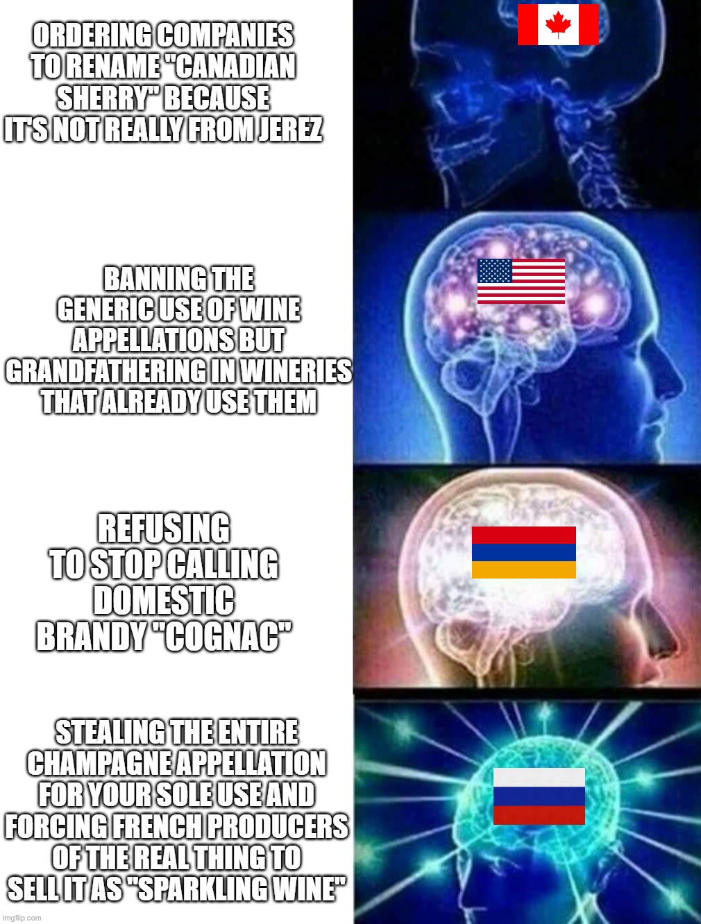 Exploding brain | ORDERING COMPANIES TO RENAME "CANADIAN SHERRY" BECAUSE IT'S NOT REALLY FROM JEREZ; BANNING THE GENERIC USE OF WINE APPELLATIONS BUT GRANDFATHERING IN WINERIES THAT ALREADY USE THEM; REFUSING TO STOP CALLING DOMESTIC BRANDY "COGNAC"; STEALING THE ENTIRE CHAMPAGNE APPELLATION FOR YOUR SOLE USE AND FORCING FRENCH PRODUCERS OF THE REAL THING TO SELL IT AS "SPARKLING WINE" | image tagged in exploding brain | made w/ Imgflip meme maker