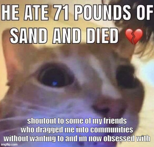 cuda cubi n inky ily all | shoutout to some of my friends who dragged me into communities without wanting to and im now obsessed with | image tagged in he ate 71 pounds of sand and died | made w/ Imgflip meme maker