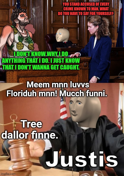 Justass | YOU STAND ACCUSED OF EVERY CRIME KNOWN TO MAN. WHAT DO YOU HAVE TO SAY FOR YOURSELF? I DON'T KNOW WHY I DO ANYTHING THAT I DO. I JUST KNOW THAT I DON'T WANNA GET CAUGHT. Meem mnn luvvs Floriduh mnn! Mucch funni. Tree dallor finne. | image tagged in courtroom,meme man justis,meme man,florida man | made w/ Imgflip meme maker