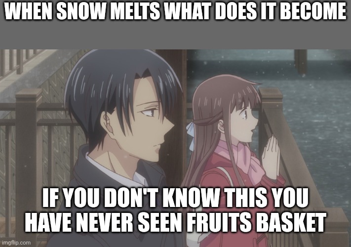WHEN SNOW MELTS WHAT DOES IT BECOME; IF YOU DON'T KNOW THIS YOU HAVE NEVER SEEN FRUITS BASKET | made w/ Imgflip meme maker