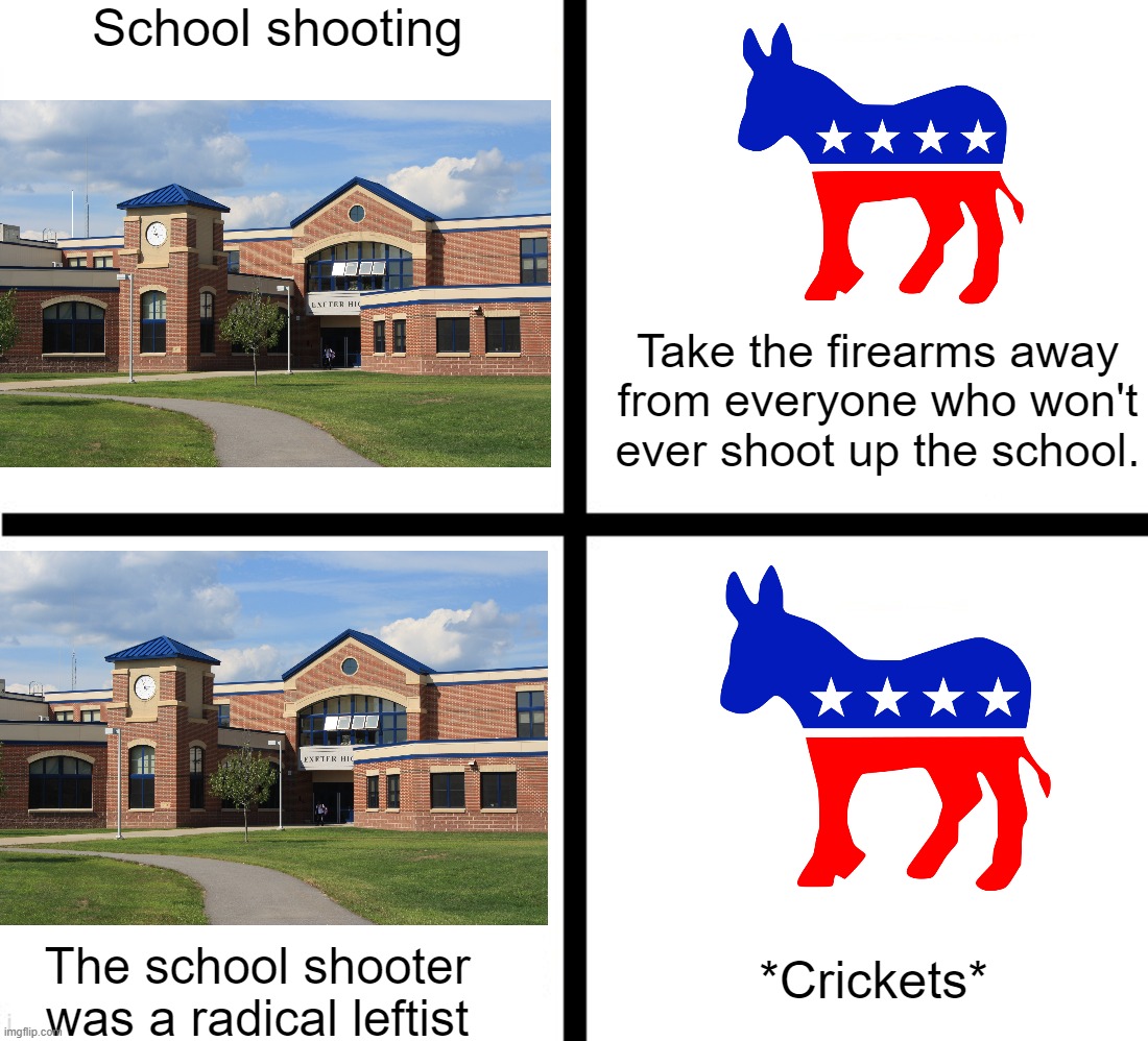 School shooting *Crickets* Take the firearms away from everyone who won't ever shoot up the school. The school shooter was a radical leftist | made w/ Imgflip meme maker