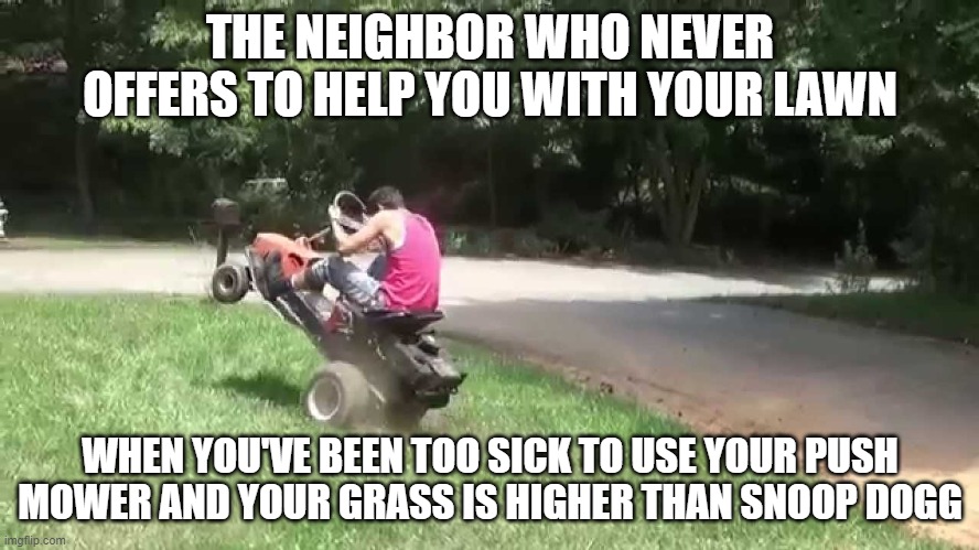 That Neighbor - Mowing | THE NEIGHBOR WHO NEVER OFFERS TO HELP YOU WITH YOUR LAWN; WHEN YOU'VE BEEN TOO SICK TO USE YOUR PUSH MOWER AND YOUR GRASS IS HIGHER THAN SNOOP DOGG | image tagged in neighbor,funny not funny,riding mower,not helpful,funny,chronic pain | made w/ Imgflip meme maker