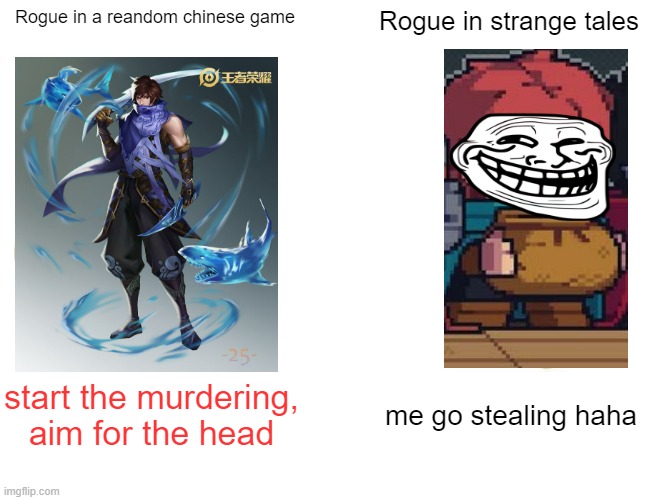 Buff Rogue vs rat | Rogue in a reandom chinese game; Rogue in strange tales; start the murdering, aim for the head; me go stealing haha | image tagged in memes,buff doge vs cheems | made w/ Imgflip meme maker