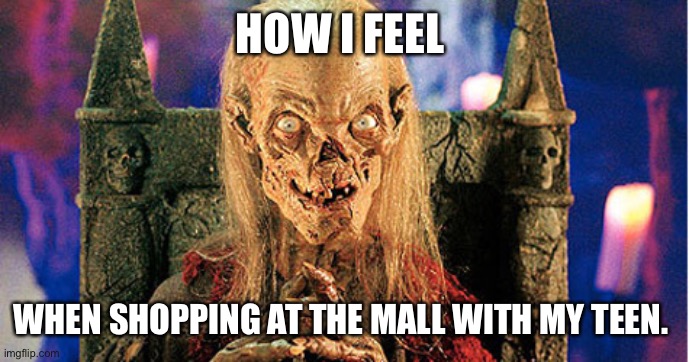 Crypt Keeper | HOW I FEEL; WHEN SHOPPING AT THE MALL WITH MY TEEN. | image tagged in crypt keeper | made w/ Imgflip meme maker