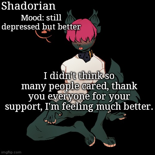 Thank you everyone | Shadorian; Mood: still depressed but better; I didn't think so many people cared, thank you everyone for your support, I'm feeling much better. | image tagged in yes | made w/ Imgflip meme maker