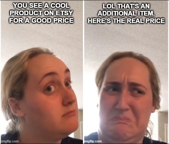 etsy prices |  YOU SEE A COOL PRODUCT ON ETSY FOR A GOOD PRICE; LOL THAT'S AN ADDITIONAL ITEM. HERE'S THE REAL PRICE | image tagged in etsy,kombucha girl | made w/ Imgflip meme maker