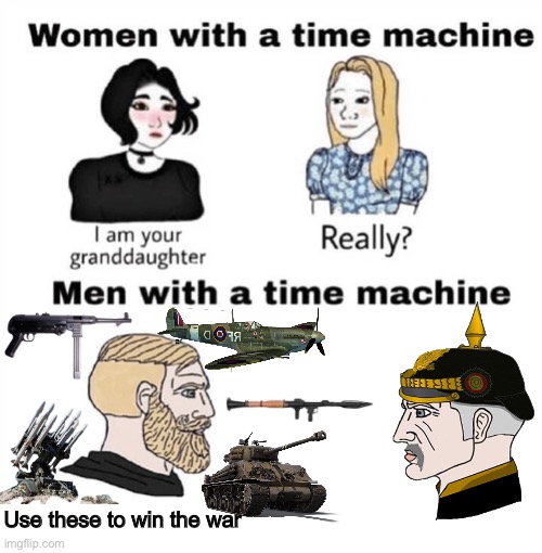 Remade an wolf classic of mine |  Use these to win the war | image tagged in men with a time machine,ww1 | made w/ Imgflip meme maker