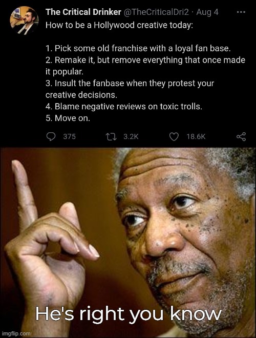 "Haha we ruined your favourite franchise and characters, we are so contrarian and cool!" -Generic leftist writer | He's right you know | image tagged in this morgan freeman,critical drinker,the message,leftist npc,leftists are boring,woke garbage | made w/ Imgflip meme maker