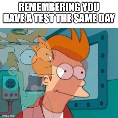 painful | REMEMBERING YOU HAVE A TEST THE SAME DAY | image tagged in fry | made w/ Imgflip meme maker