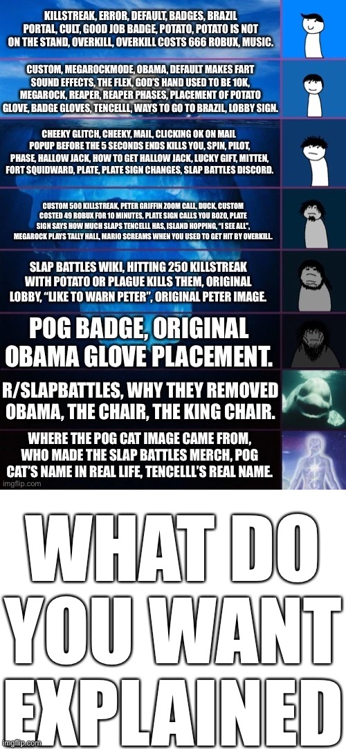 WHAT DO YOU WANT EXPLAINED | image tagged in slap battles iceberg,blank white template | made w/ Imgflip meme maker