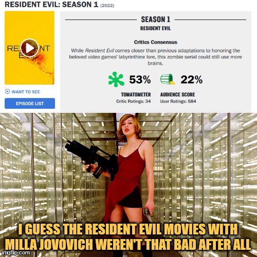 Comparing Resident Evil's Netflix adaption to the Milla Jovovich films | I GUESS THE RESIDENT EVIL MOVIES WITH MILLA JOVOVICH WEREN'T THAT BAD AFTER ALL | image tagged in resident evil,netflix adaptation,movies,woke,ratings,difference | made w/ Imgflip meme maker