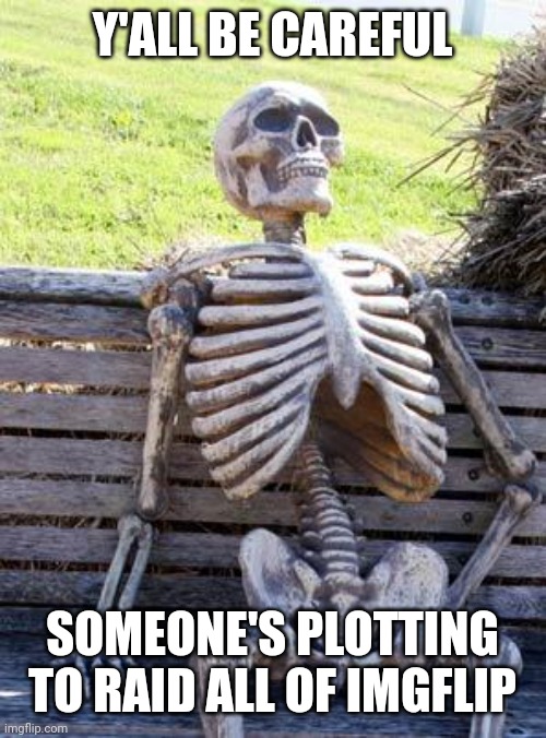 Y'all be careful and ready | Y'ALL BE CAREFUL; SOMEONE'S PLOTTING TO RAID ALL OF IMGFLIP | image tagged in memes,waiting skeleton | made w/ Imgflip meme maker