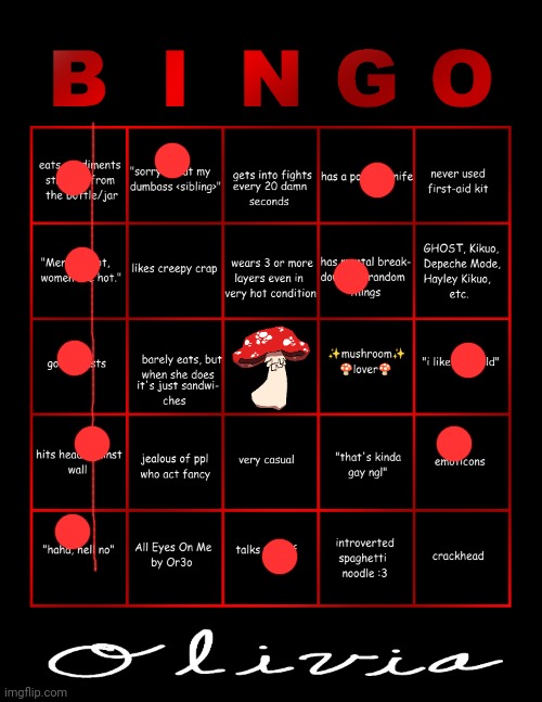 Olivia's Bingo | image tagged in olivia's bingo | made w/ Imgflip meme maker