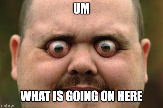 bulging eyes | UM WHAT IS GOING ON HERE | image tagged in bulging eyes | made w/ Imgflip meme maker