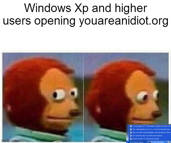 Thanks, Microsoft! | Windows Xp and higher users opening youareanidiot.org | image tagged in memes,monkey puppet | made w/ Imgflip meme maker