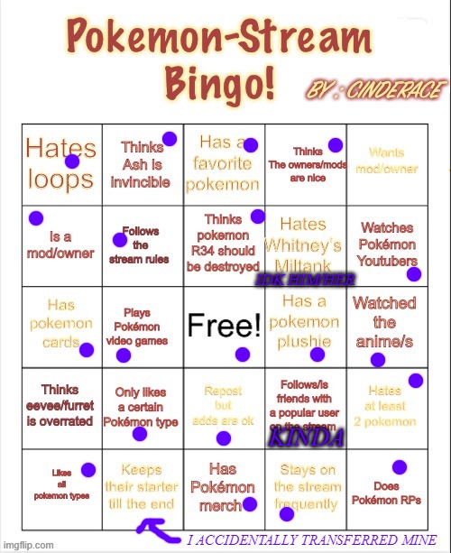 Another bingo | IDK HIM/HER; KINDA; I ACCIDENTALLY TRANSFERRED MINE | image tagged in pokemon-stream bingo by cinderace,memes,pokemon,bingo,cinderace,why are you reading this | made w/ Imgflip meme maker