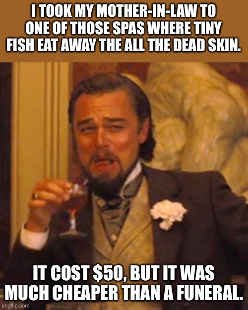 Spa | I TOOK MY MOTHER-IN-LAW TO ONE OF THOSE SPAS WHERE TINY FISH EAT AWAY THE ALL THE DEAD SKIN. IT COST $50, BUT IT WAS MUCH CHEAPER THAN A FUNERAL. | image tagged in memes,laughing leo | made w/ Imgflip meme maker