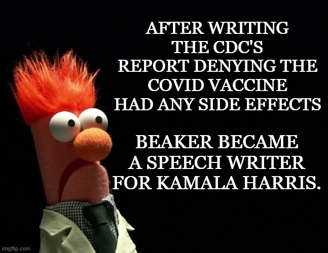 Beaker | AFTER WRITING THE CDC'S REPORT DENYING THE COVID VACCINE HAD ANY SIDE EFFECTS; BEAKER BECAME A SPEECH WRITER FOR KAMALA HARRIS. | image tagged in beaker | made w/ Imgflip meme maker