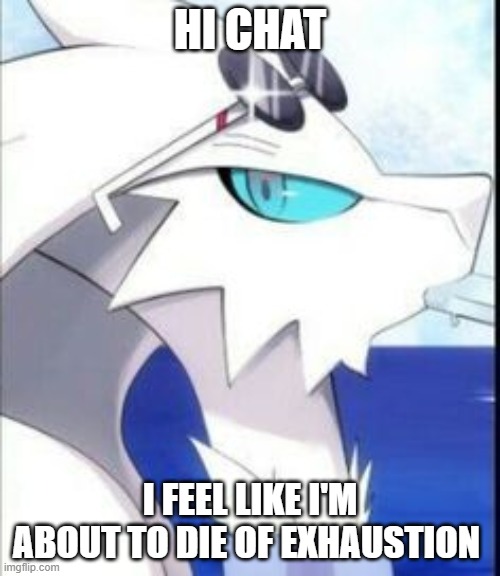 Reshiram with sunglasses | HI CHAT; I FEEL LIKE I'M ABOUT TO DIE OF EXHAUSTION | image tagged in reshiram with sunglasses | made w/ Imgflip meme maker