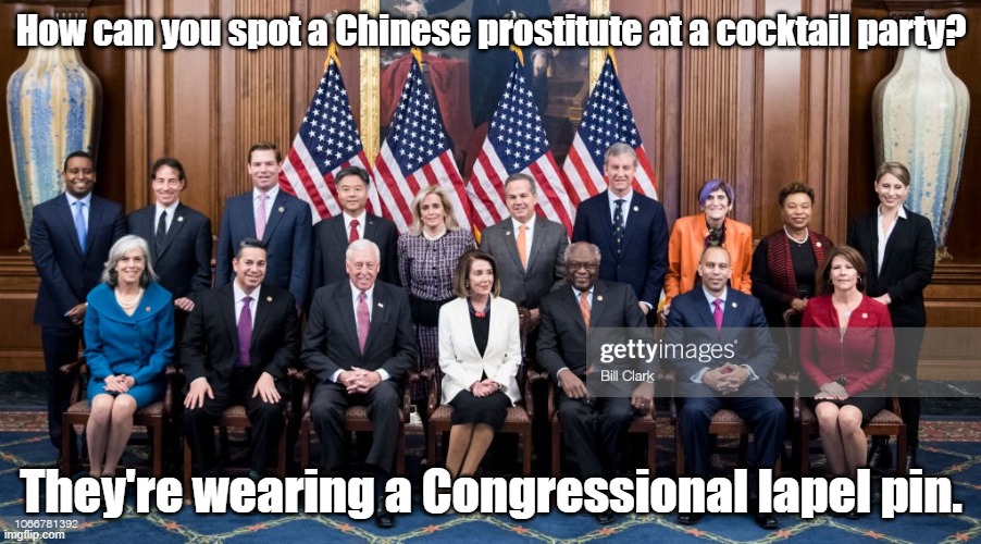 Democrat "Leadership" | How can you spot a Chinese prostitute at a cocktail party? They're wearing a Congressional lapel pin. | image tagged in democrat leadership | made w/ Imgflip meme maker